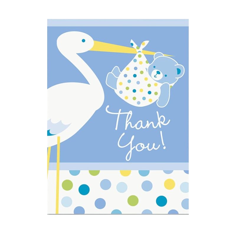 Blue Color Baby Stork Baby Shower Thank You Envelope and Note Set 8 Pieces