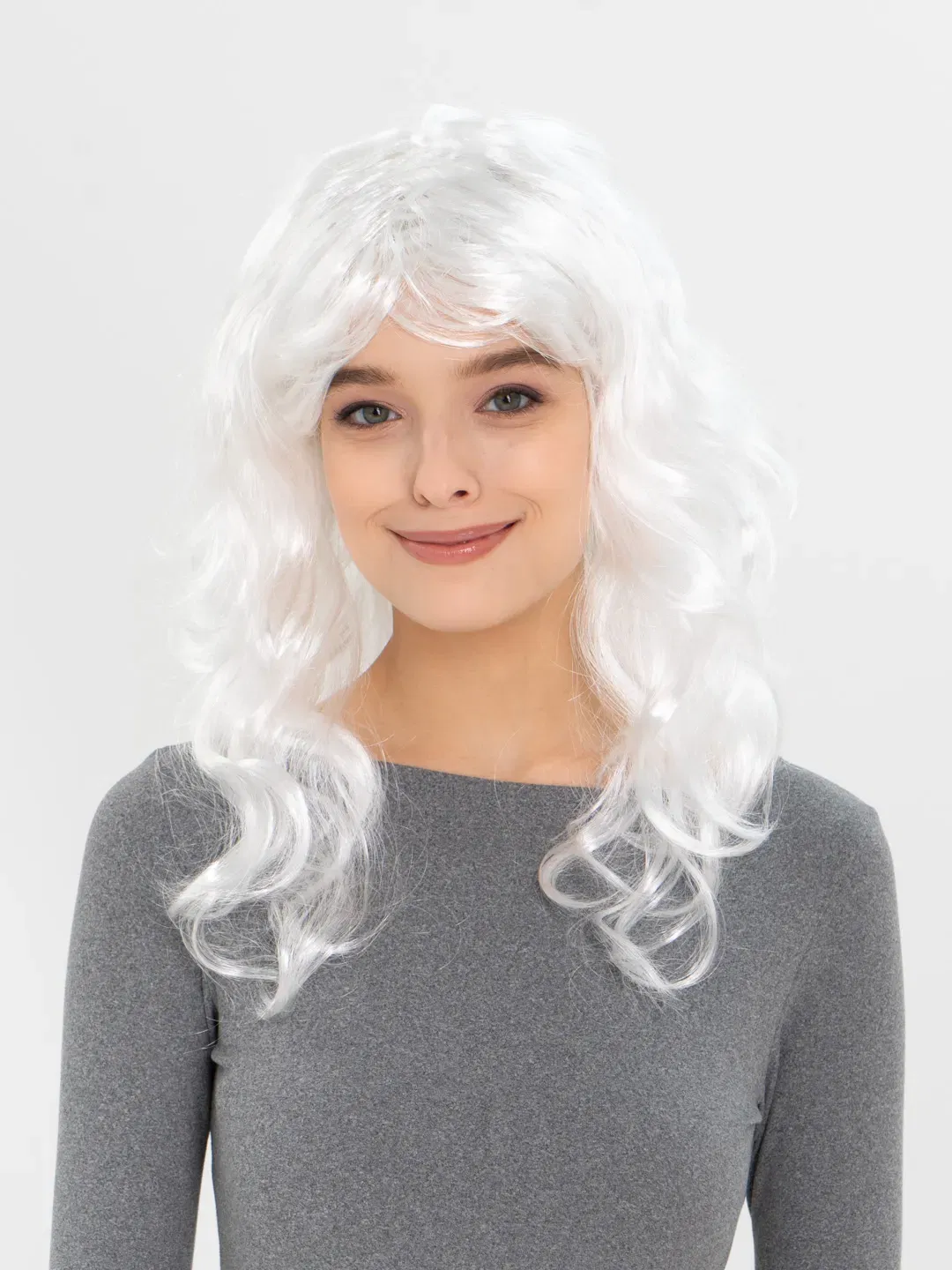 White Color Wavy Long Party Wig with Bangs