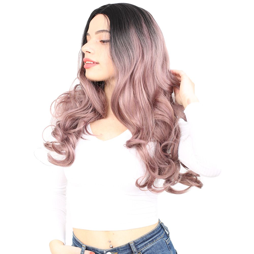 Super Dense Wavy Kanekalon Fiber Synthetic Long Bangs Wig / Black / Rose Dried Ombré