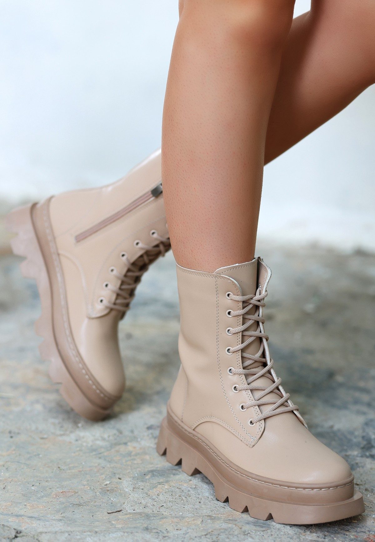 Nude Skin Lace-up Boots