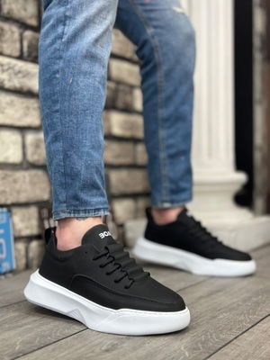 Ladder Pattern Lace-up Men's High-top Black Skin White Sole Sneakers