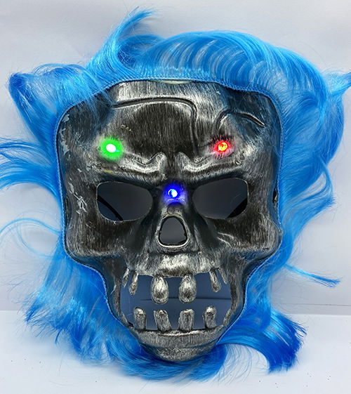 Blue Hair Led Lighted Skull Skeleton Horror Mask 22x25 cm