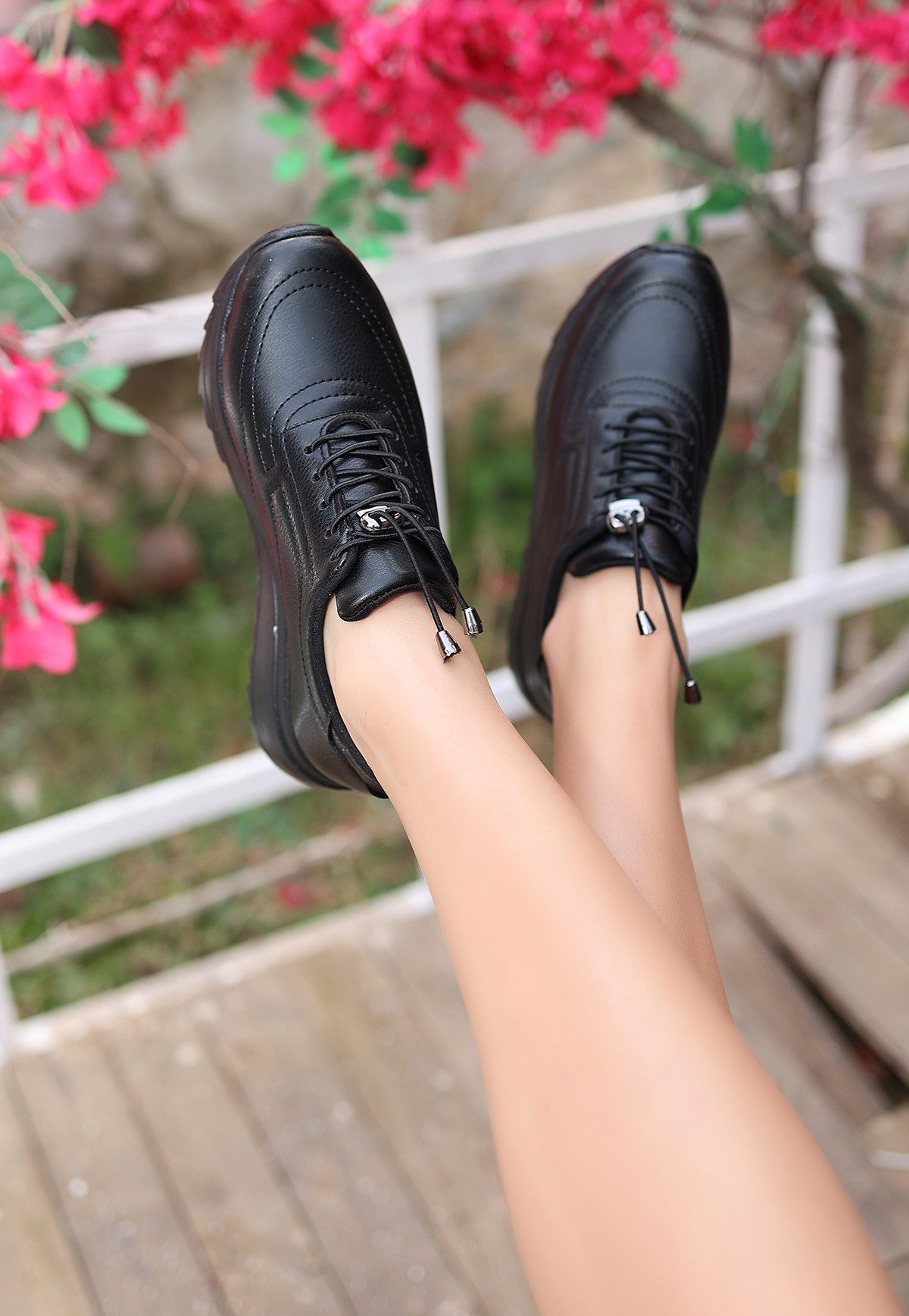 Black Skin Lace-Up Sneakers