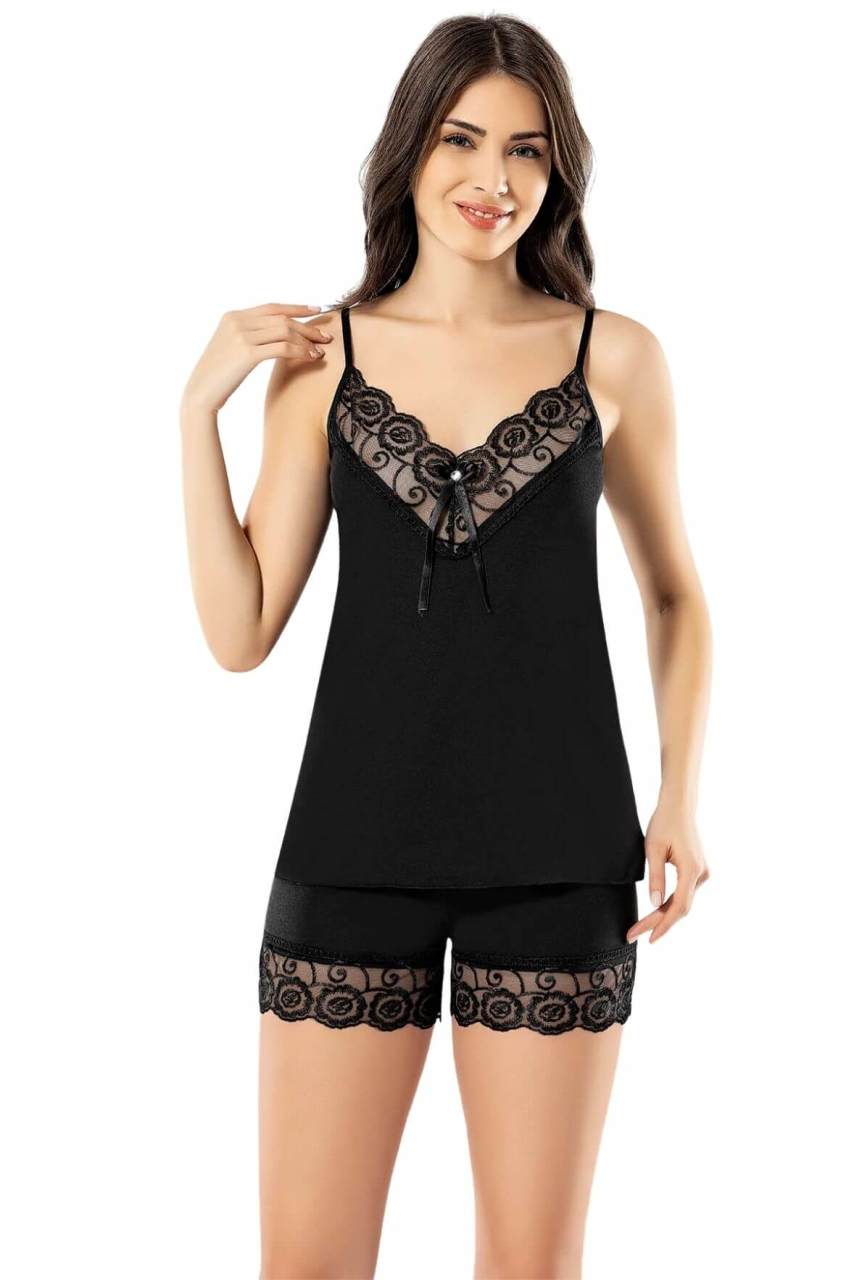 Women's Black Shorts Suit Home Wear Nightwear Nightgown Lace Pajamas Sleepwear 6341