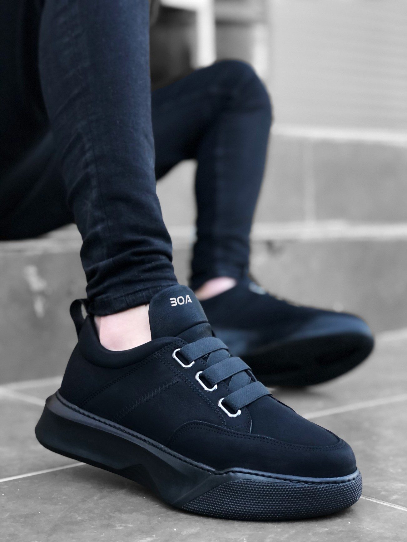 Men's High Sole Black Sneakers with Straps