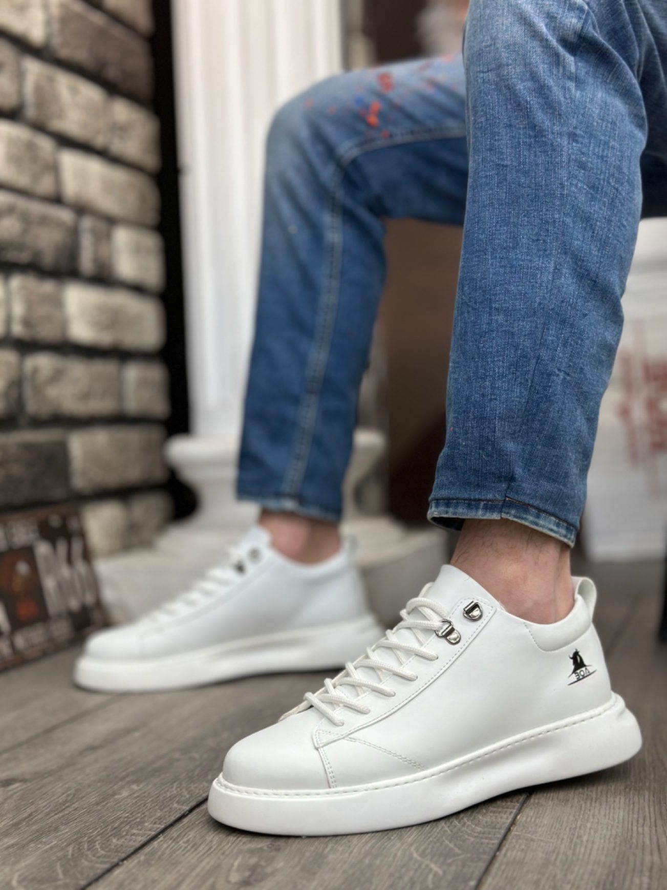 Lace-up Men's High Sole White Skin Sneakers