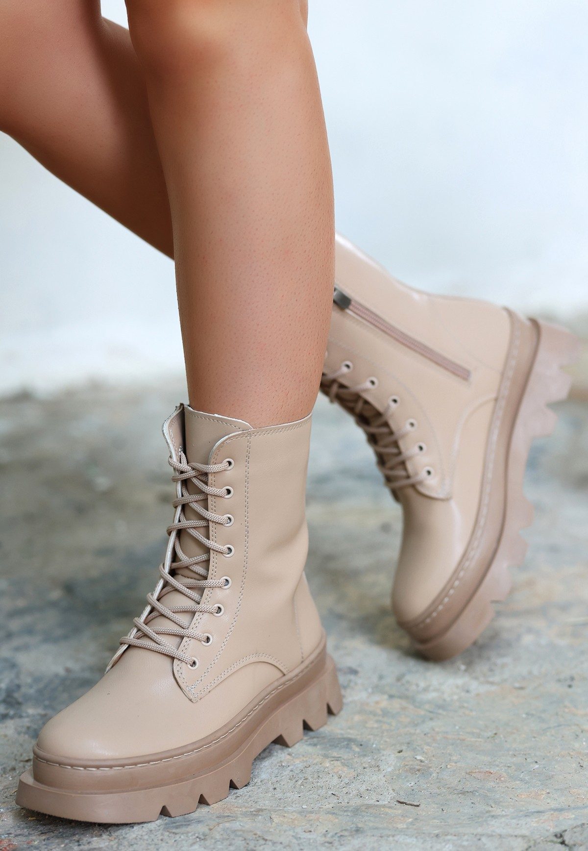 Nude Skin Lace-up Boots