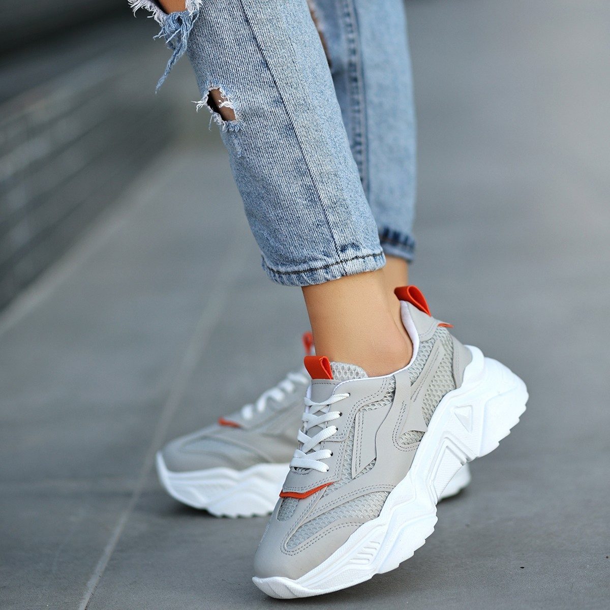 Gray Skin Lace-Up Sneakers