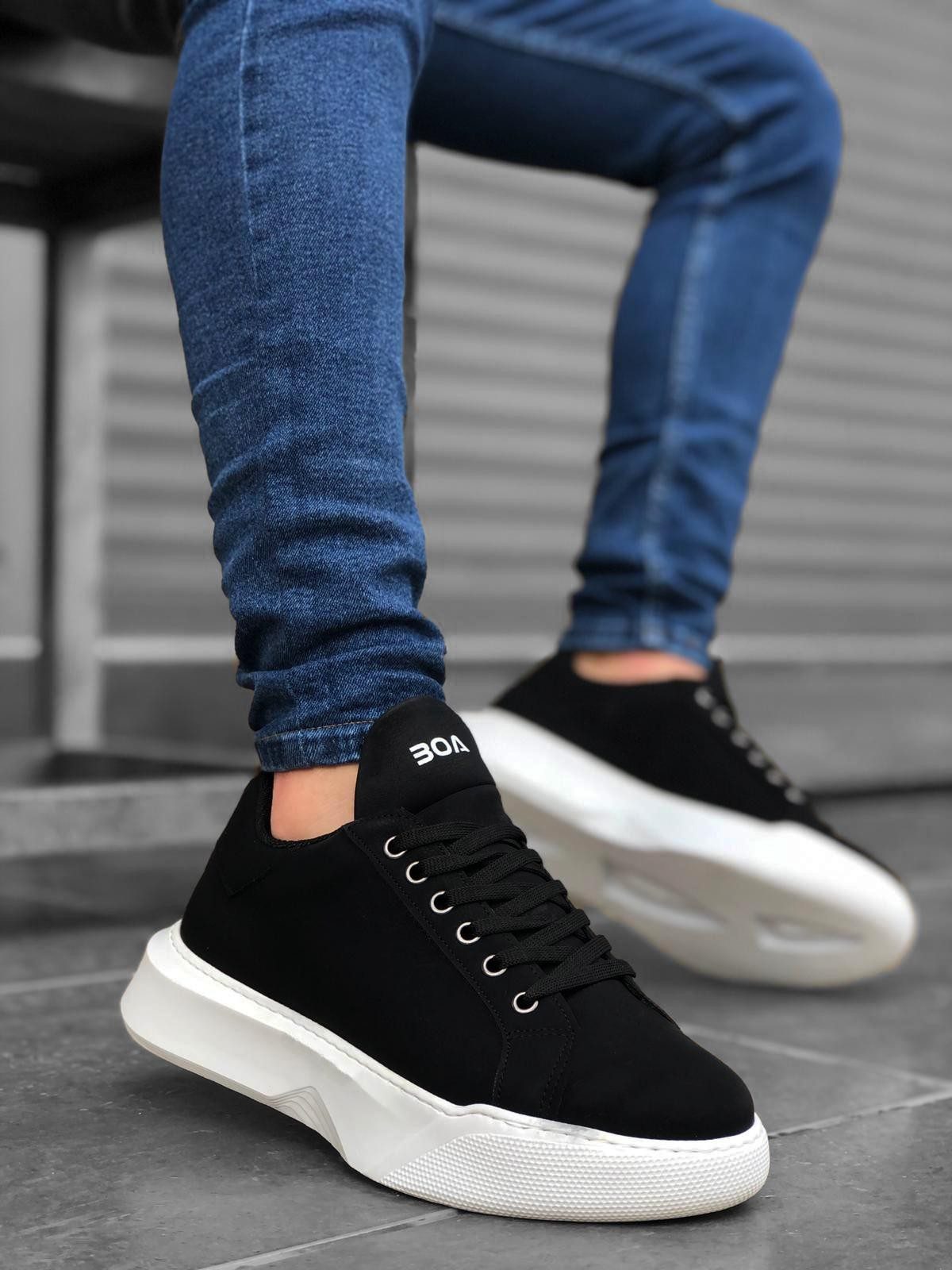 Lace-up Men's High Sole Black and White Sneakers