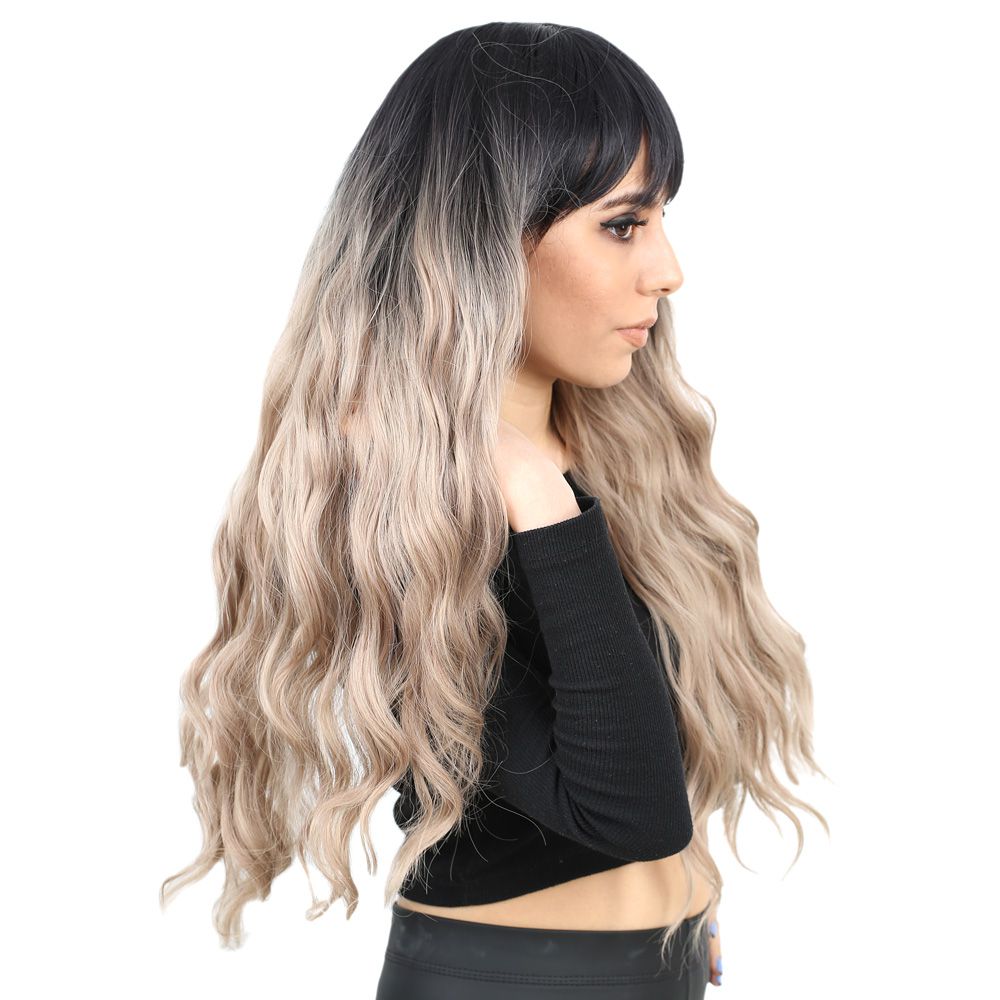 Long Water Wavy Look Kanekalon Fiber Synthetic Wig with Custom Bangs / Black / Ashy Baby Yellow Ombré