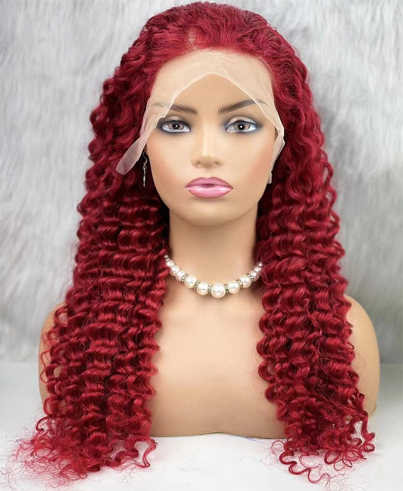 Real Hair Front Lace Tulle Wig / Deep Wavy / Red 70/75cm