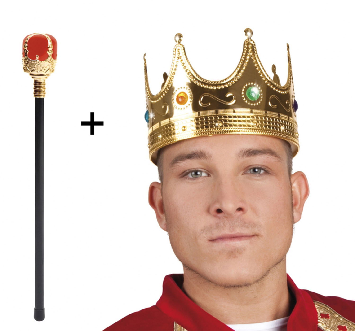 Gold Color 60 cm King Crown Royal Crown and King Scepter Set with Red Knob