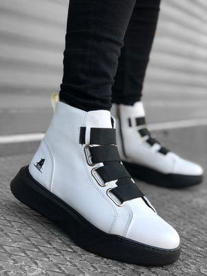 Men's High Sole White Black Sport Boots with Straps