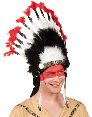 Black Red Big Indian Indian Headgear with White Feathers