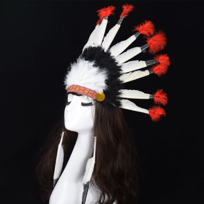 Black Red Big Indian Indian Headgear with White Feathers