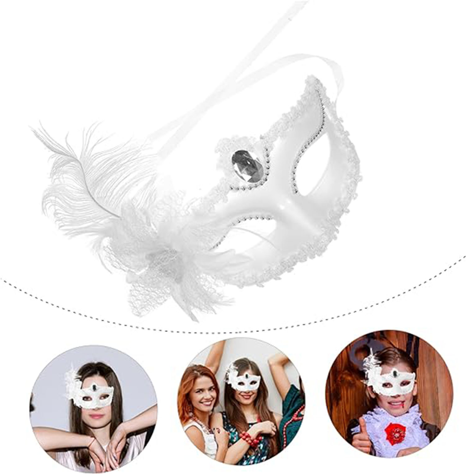 White Matte Color Side Feather Party Prom Venetian Mask with Roses 16x22