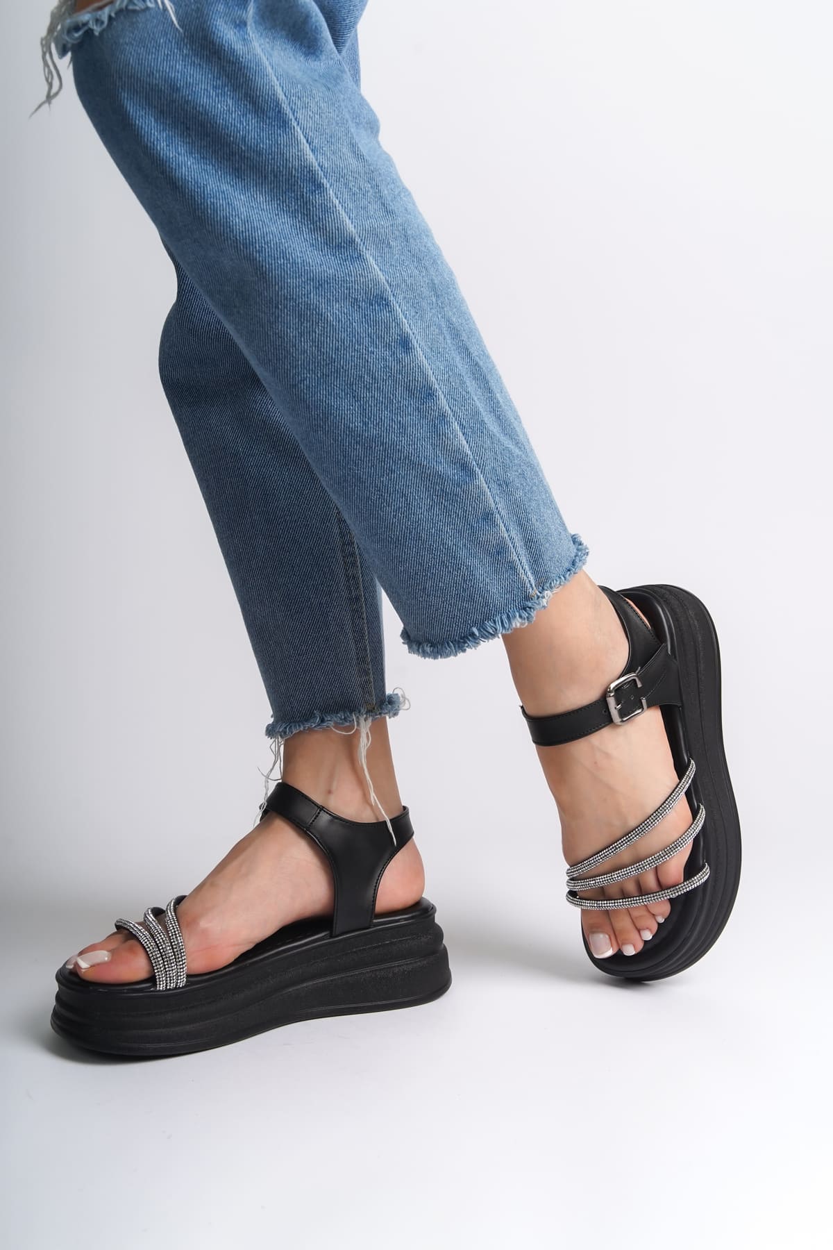 CLZ948 Thick Buckle Stone Stripe Orthopedic Sole Women's Sandals ST Black