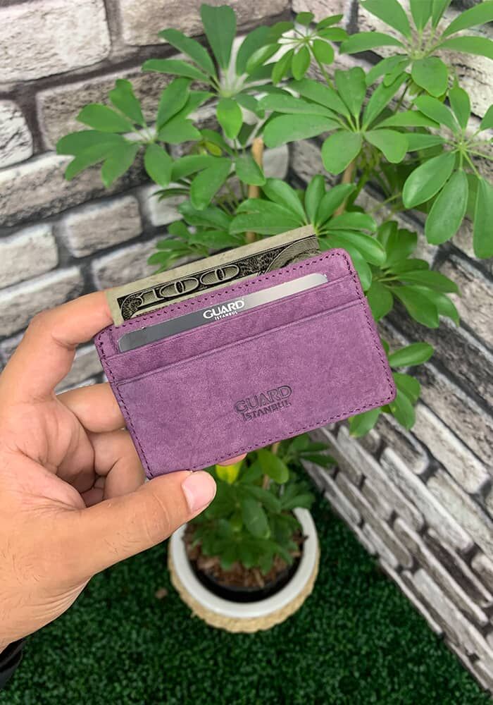 Ultra Slim Unisex Purple Nubuck Minimal Leather Card Holder