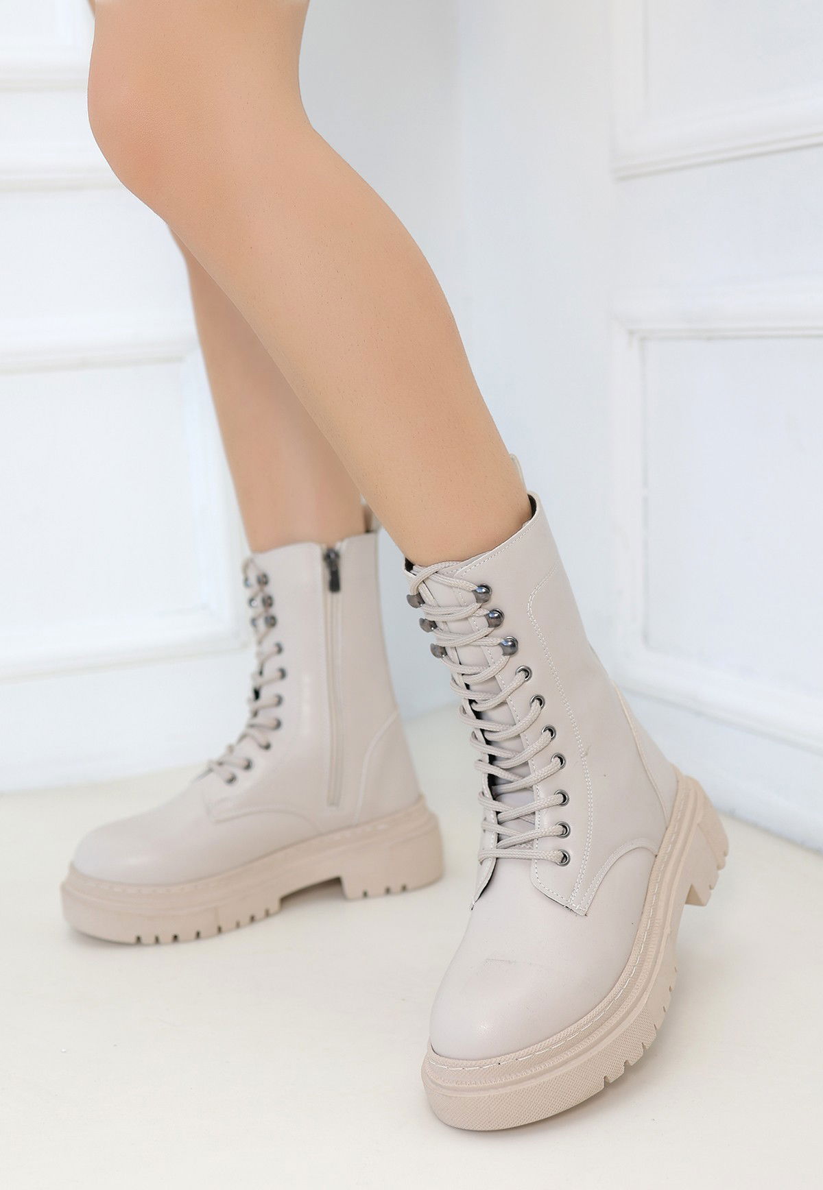 Beige Skin Lace-up Boots