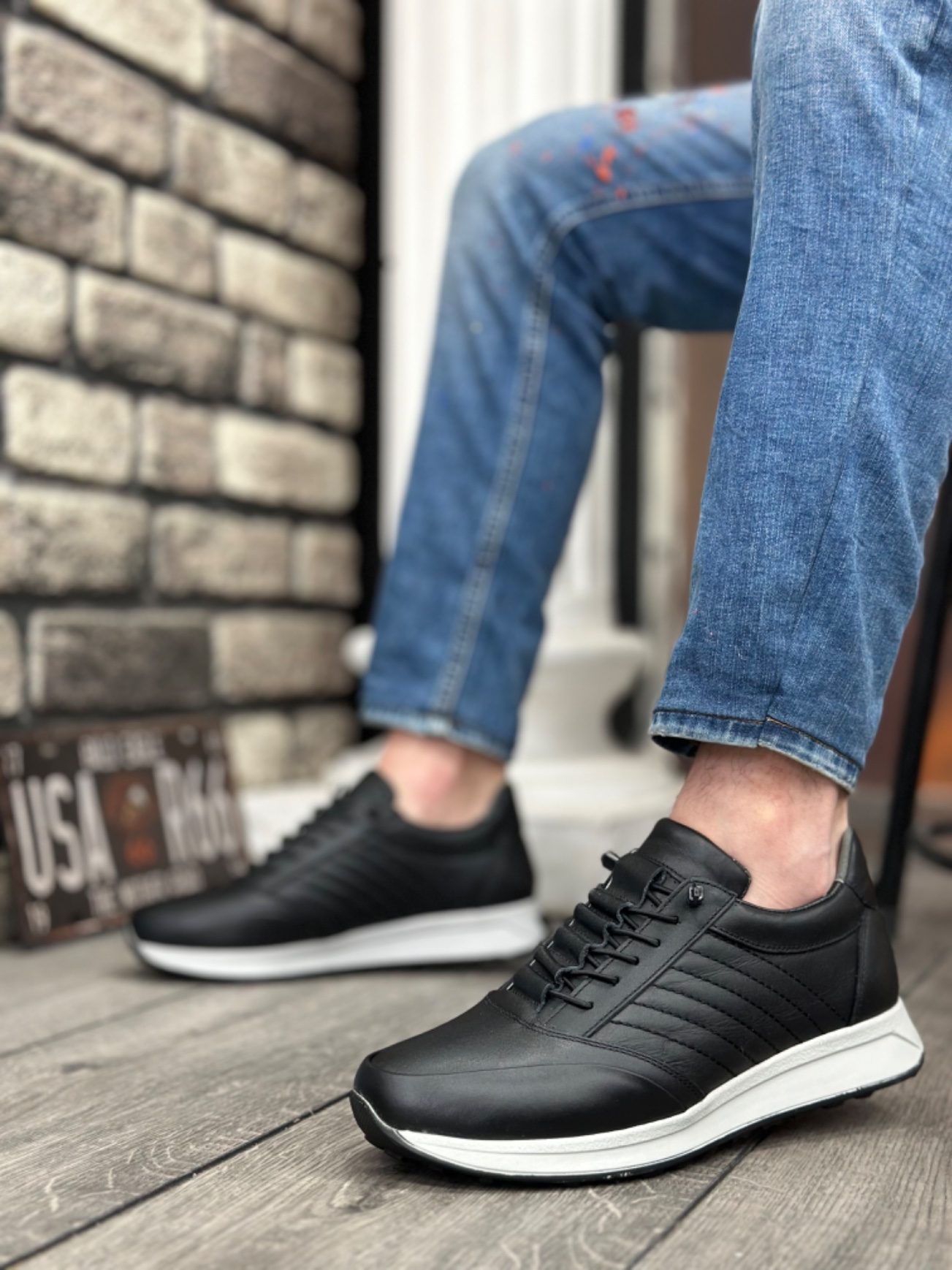 Genuine Leather Inside Out Hidden Lacing Comfortable Sole Black Sneakers Casual Men Shoes