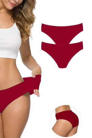 2Pcs Women's Seamless Laser Cut Stretchy Non-marking Panties Burgundy