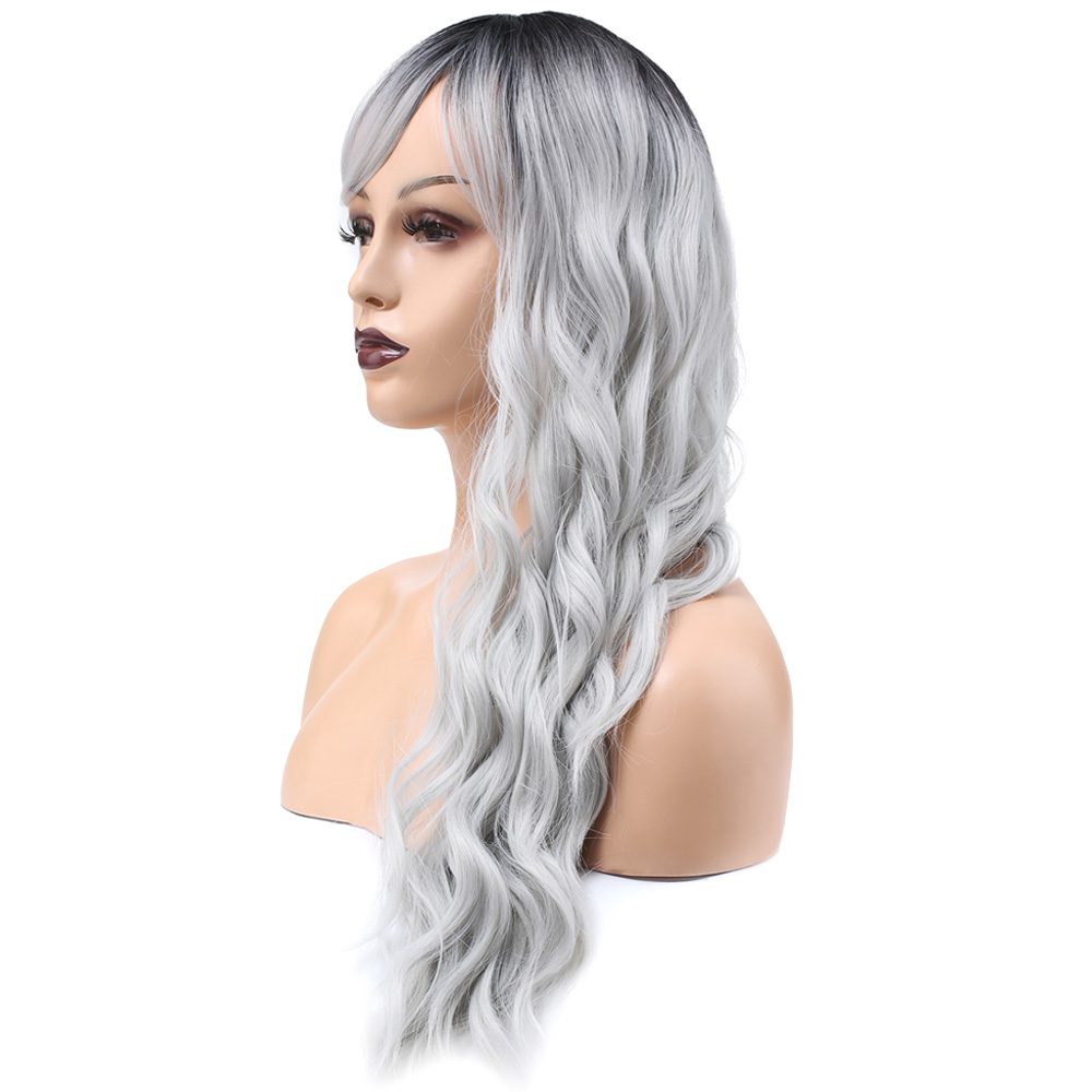 Kanekalon Fiber Synthetic Wig / Black / Light Gray Ombré with Long Water Wavy Look with Custom Bangs