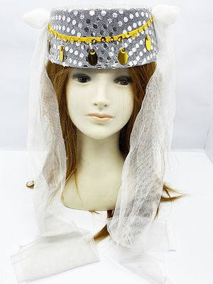 White Veiled Gold Sequin Embroidered Henna Fez Henna Hat Oriental Hat