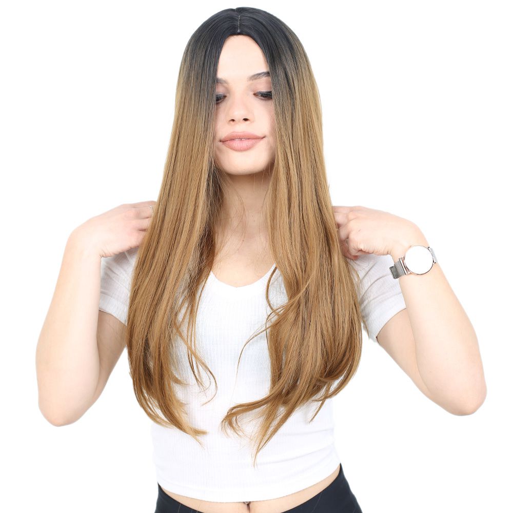 Kanekalon Fiber Synthetic Long Straight Wig / Black / Caramel Ombré