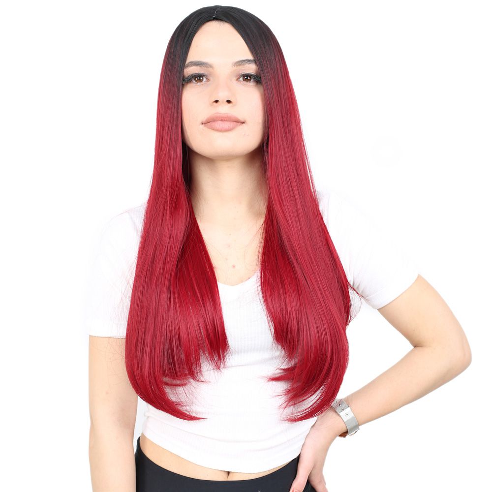 Kanekalon Fiber Synthetic Long Straight Wig / Black / Red Ombré