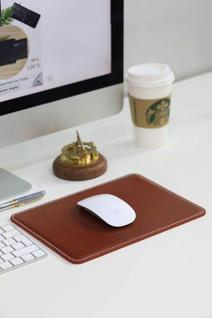 Tan Leather Mouse Pad with Stitching Detail 26 x 20