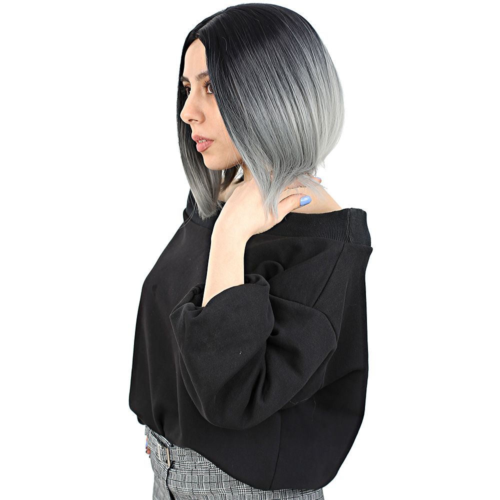 Straight Short Kanekalon Fiber Synthetic Wig without bangs / Black / Gray Ombré