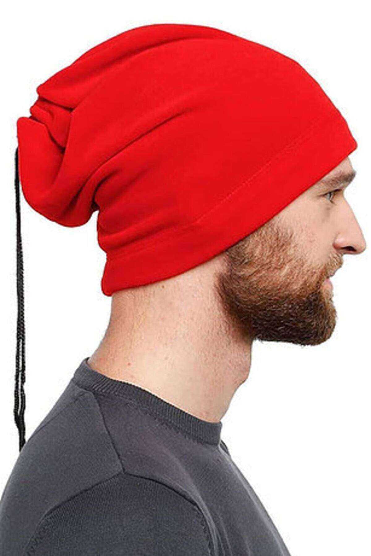 Fleece Unisex Drawstring Beanie and Neck Collar Red