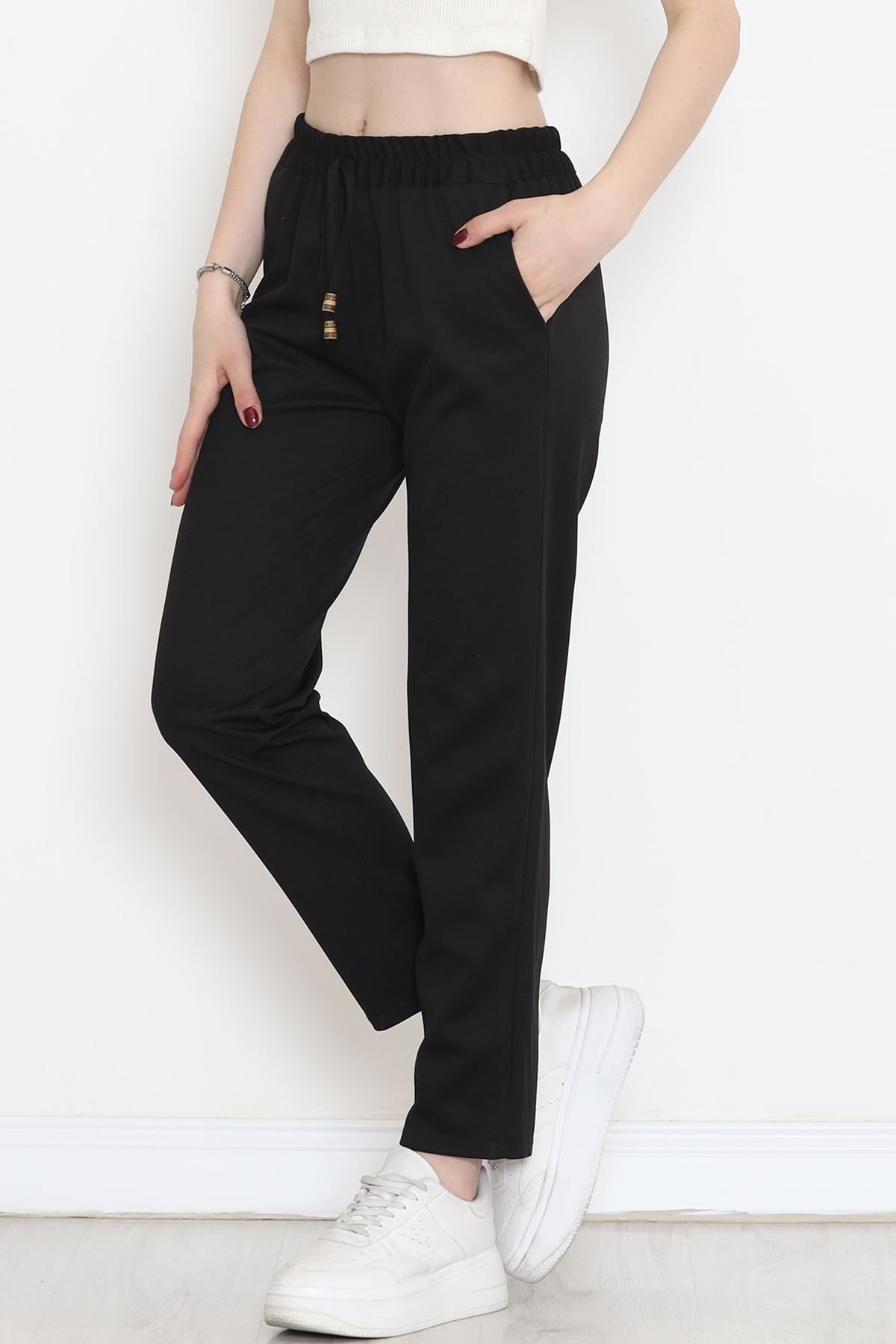 Crepe Lace-up Pants Black