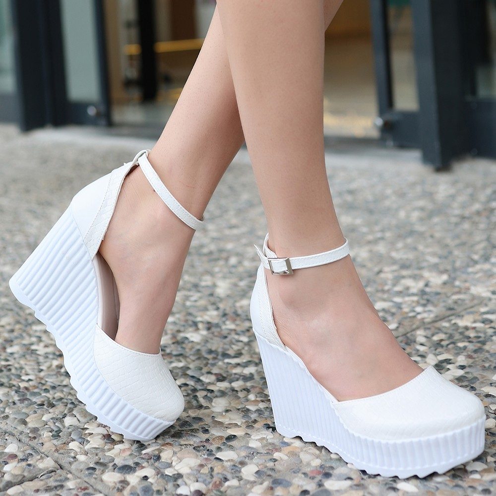 White Patent Leather Filled Heel Shoes