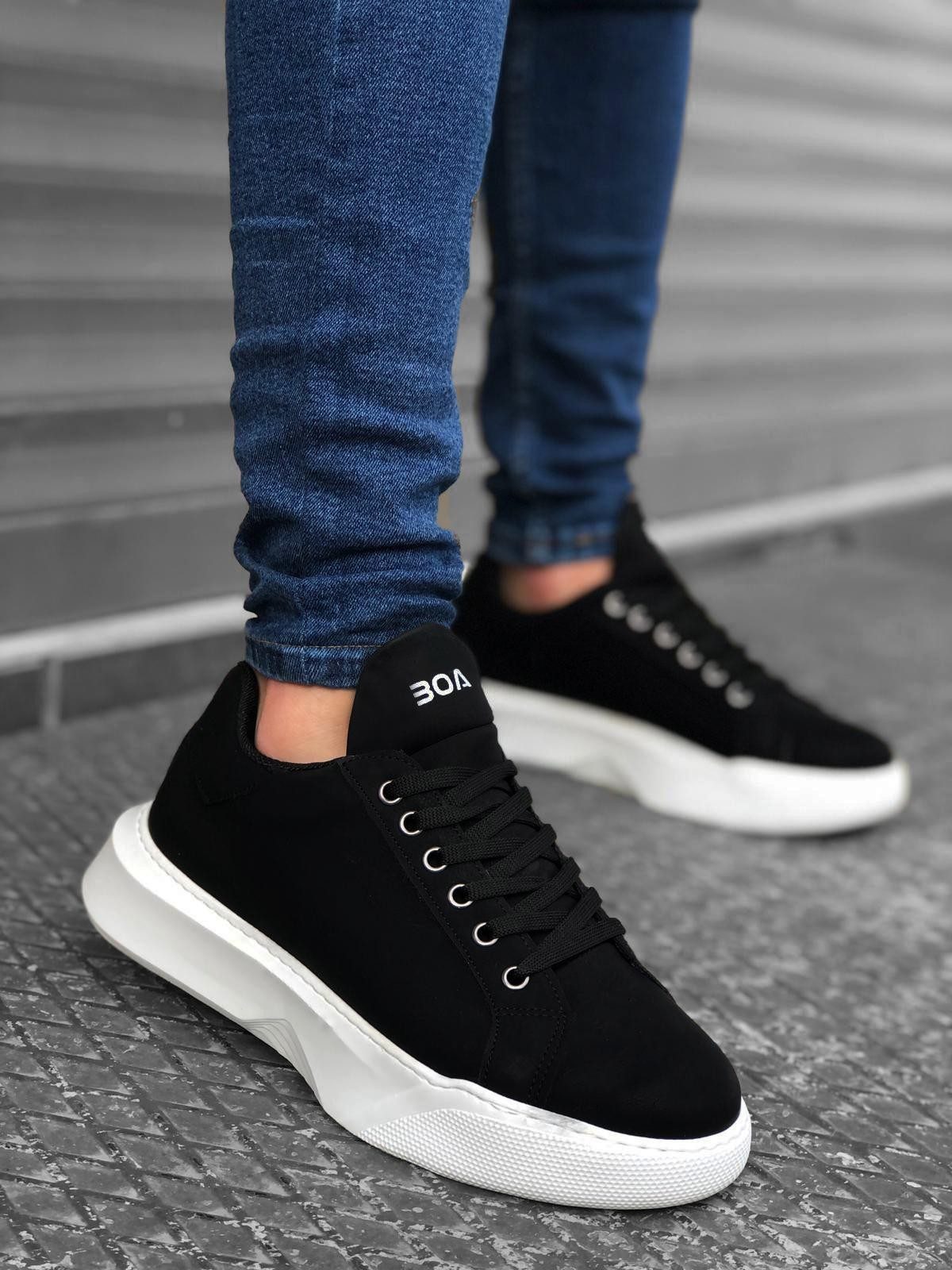 Lace-up Men's High Sole Black and White Sneakers