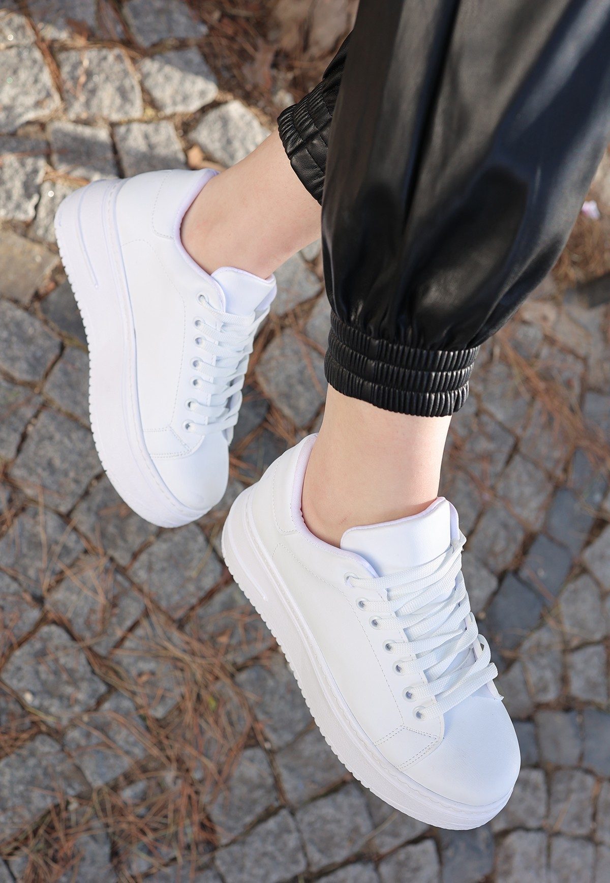 White Skin Lace-Up Sneakers