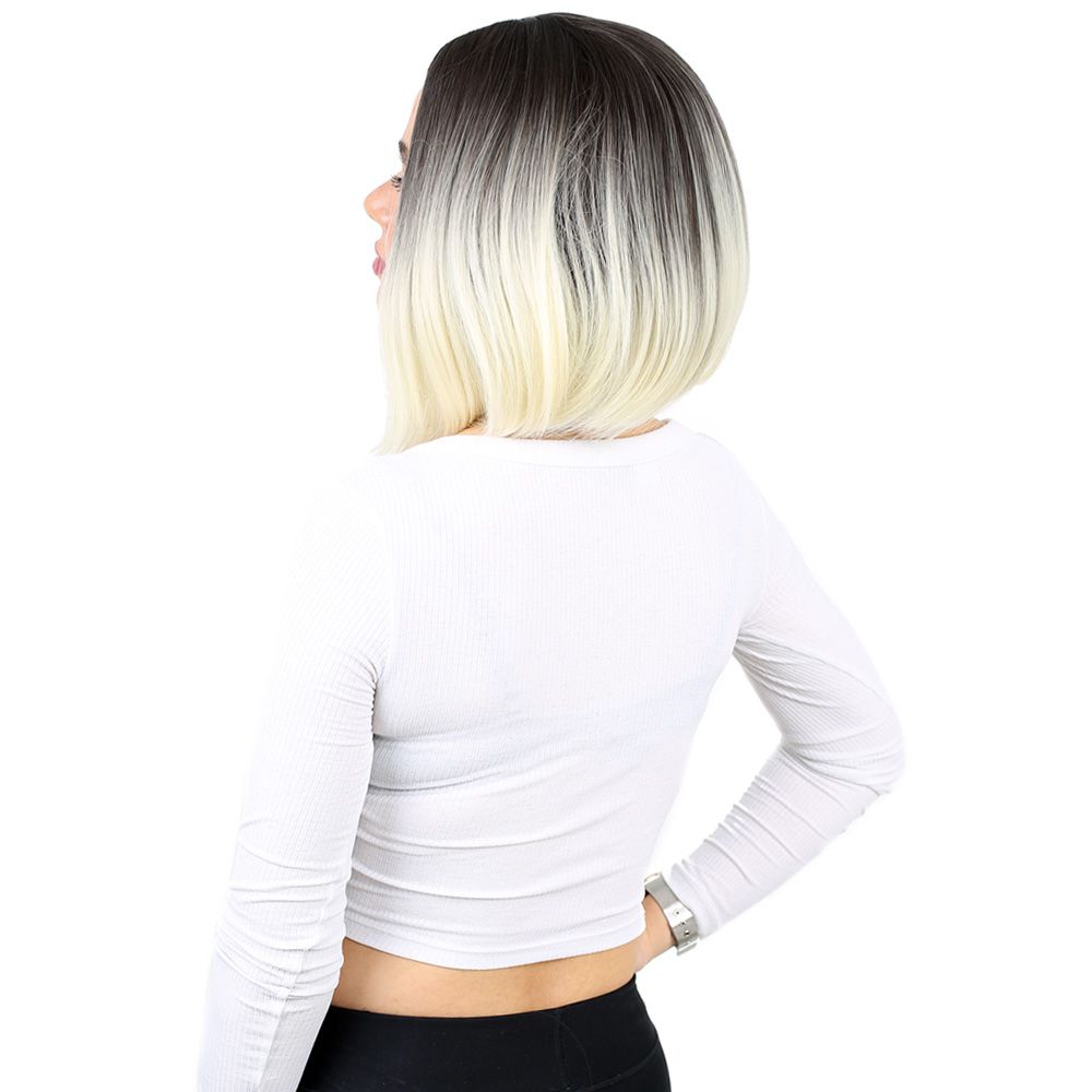 Straight Short Kanekalon Fiber Synthetic Wig without bangs / Ashy Black / Platinum Ombré