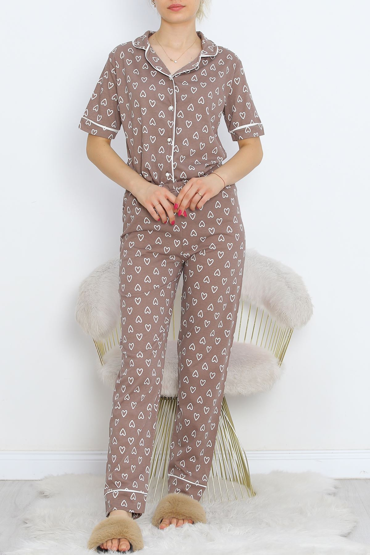 Button Pajama Set Brown-White