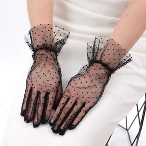 Short Length Guipure Black Polka Dot Tulle Gloves Black Color