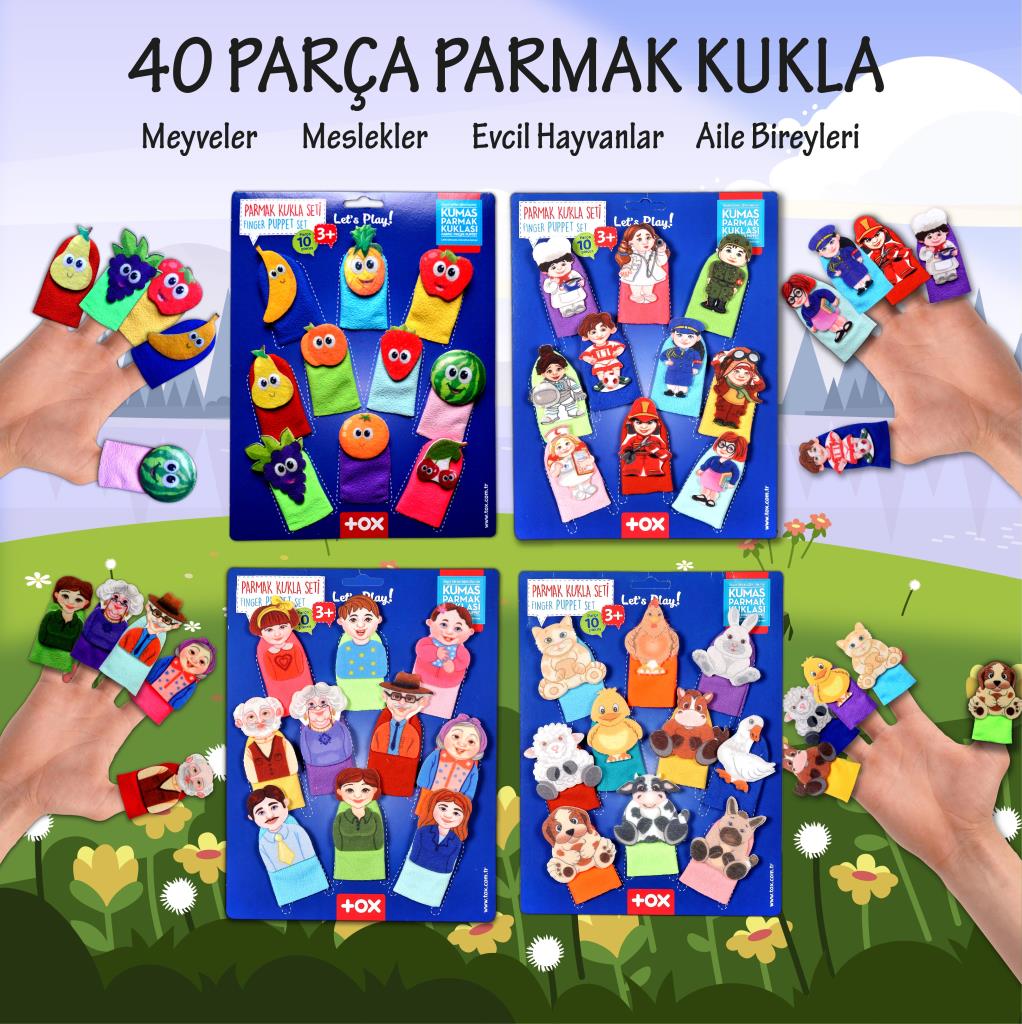 4 Sets - 40 Pieces Fruits, Family Members, Professions and Pets Finger Puppet