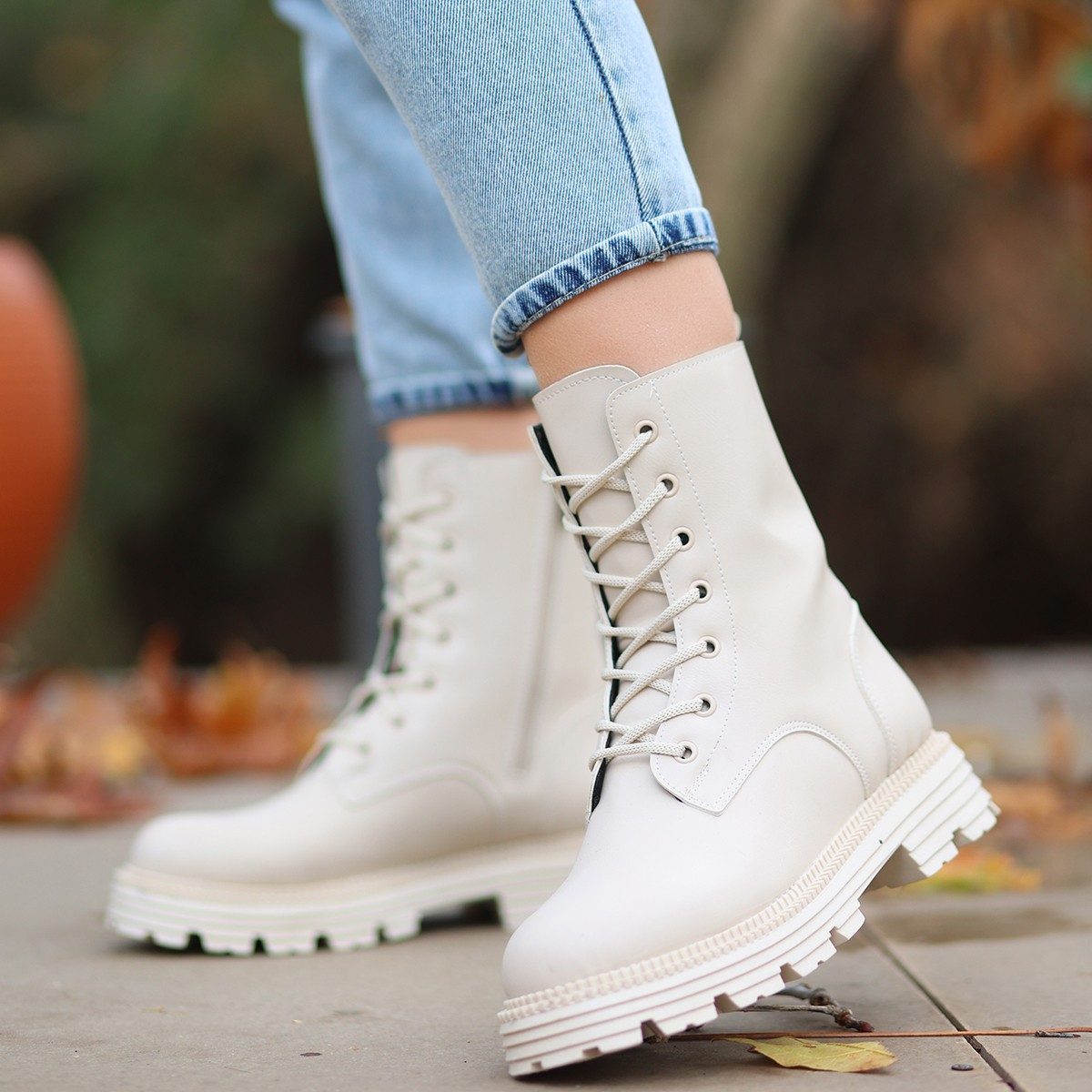 Beige Skin Lace-up Boots