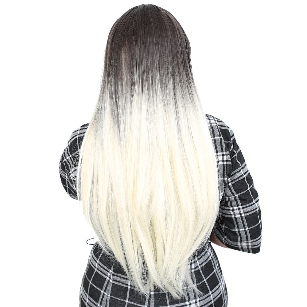 Kanekalon Fiber Synthetic Long Straight Bangs Wig / Ashy Black / Platinum Ombré