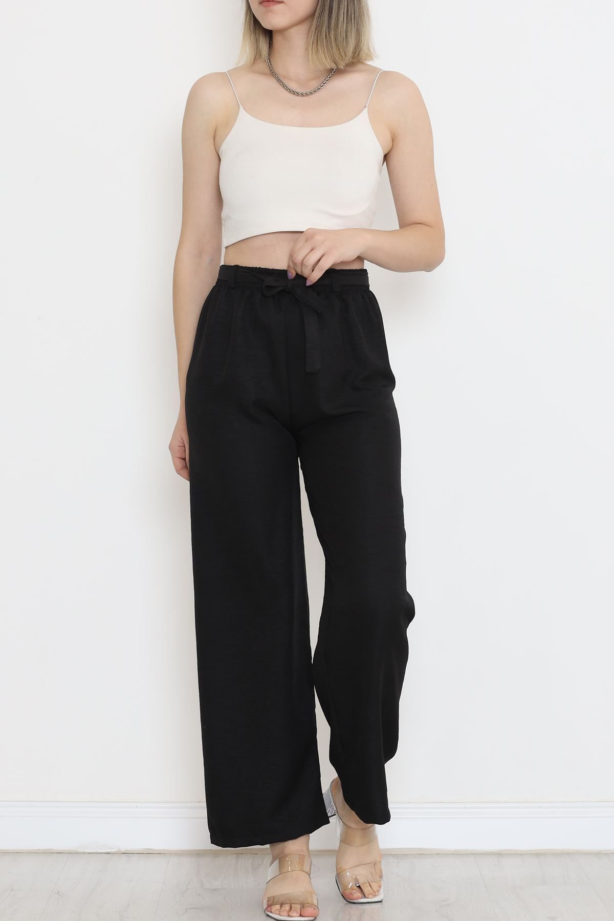 Waist Belted Linen Pants Black