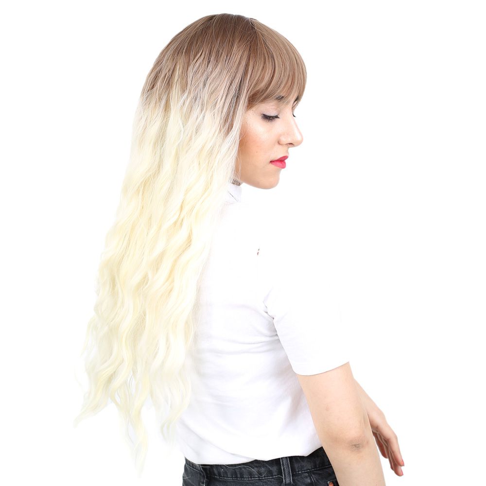 Kanekalon Fiber Synthetic Wig / Auburn / Platinum Ombré Long Water Wavy Look with Special Bangs