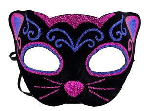 Pink Blue Glitter Embroidered Cat Mask on Black Velvet Cover 20x13 cm