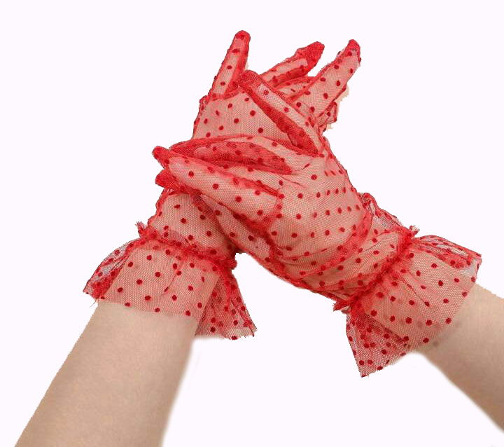 Short Length Guipure Red Polka Dot Tulle Gloves Red Color