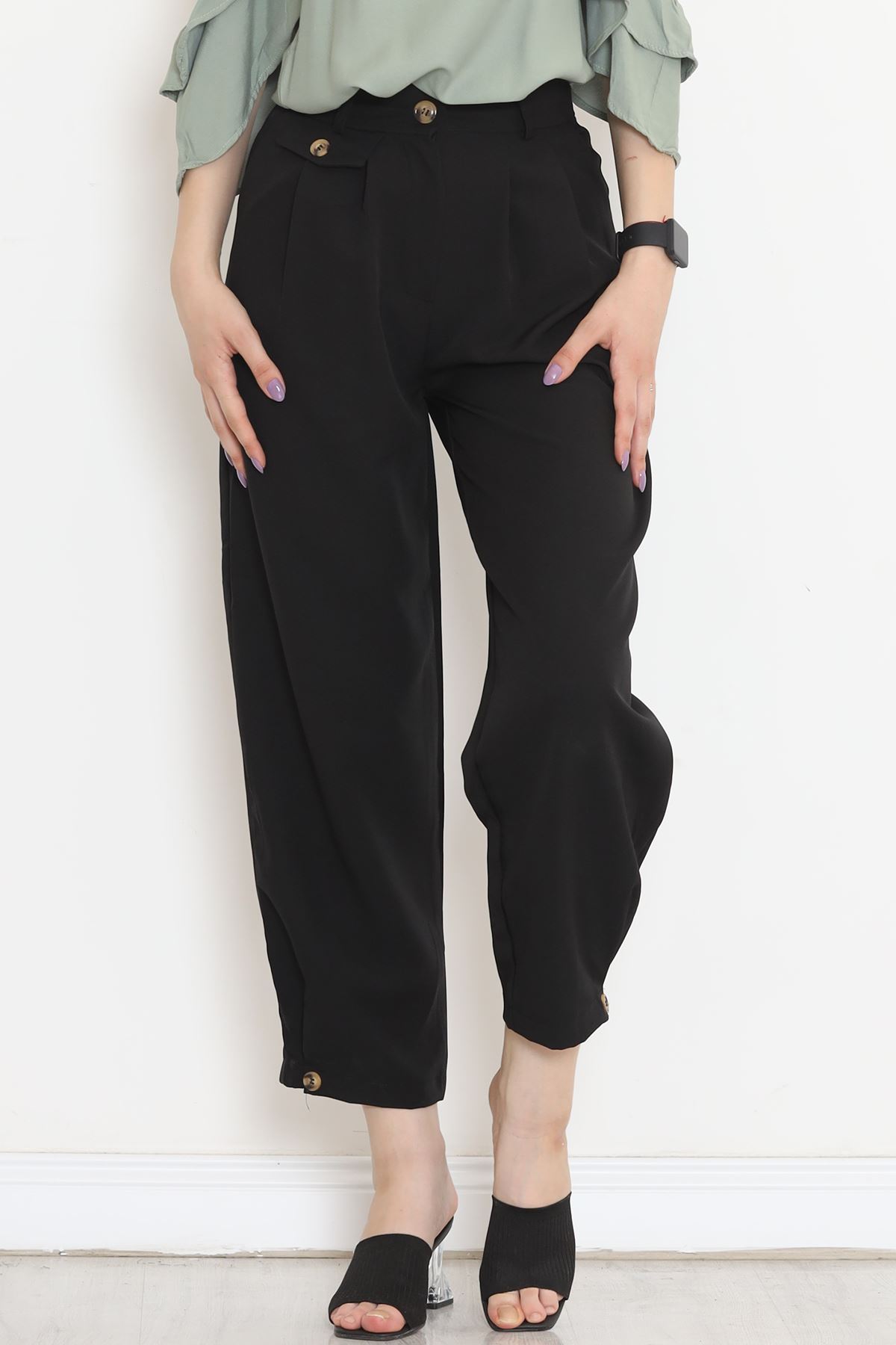 Trousers with Button Details Black