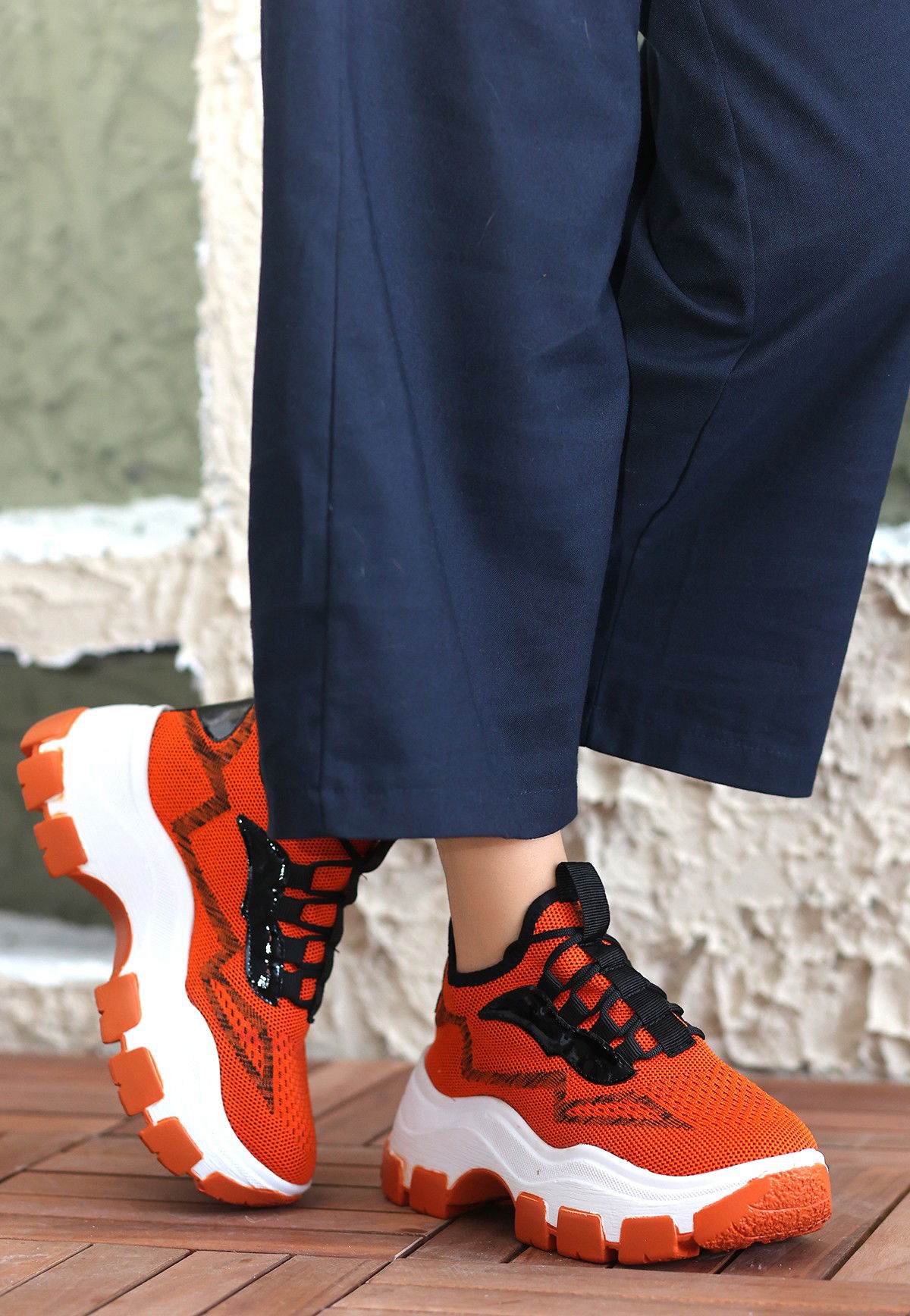 Orange Tricot Lace-up Sneakers