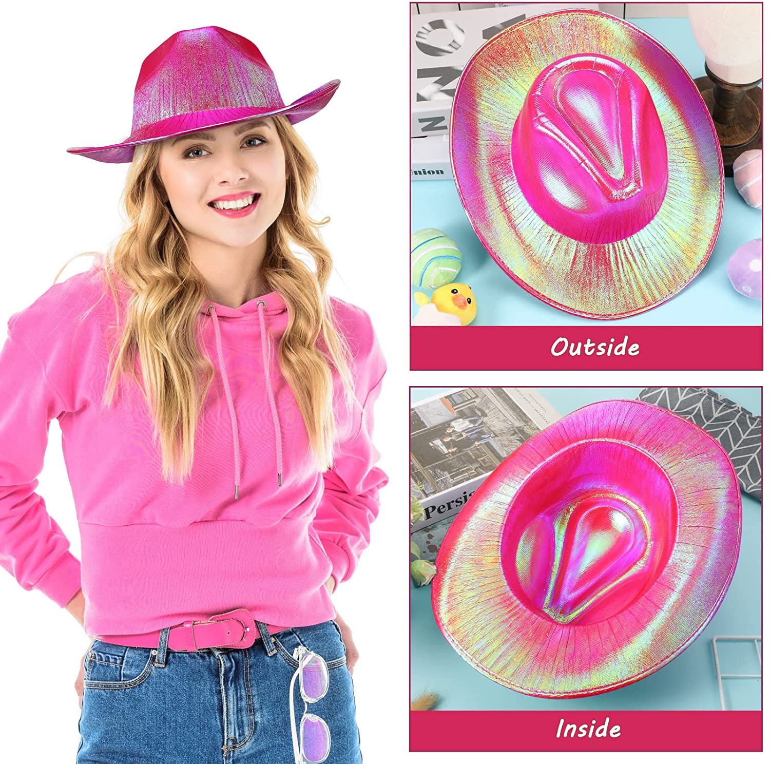 Neon Hologram Cowboy Model Party Hat Fuchsia Adult 39X36X14 cm