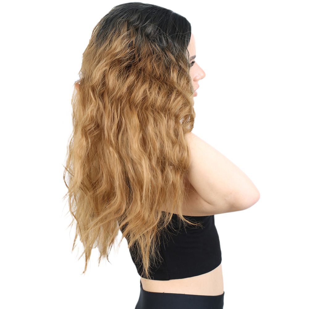 Fluffed Wavy Long Kanekalon Fiber Synthetic Wig / Black / Caramel Ombré